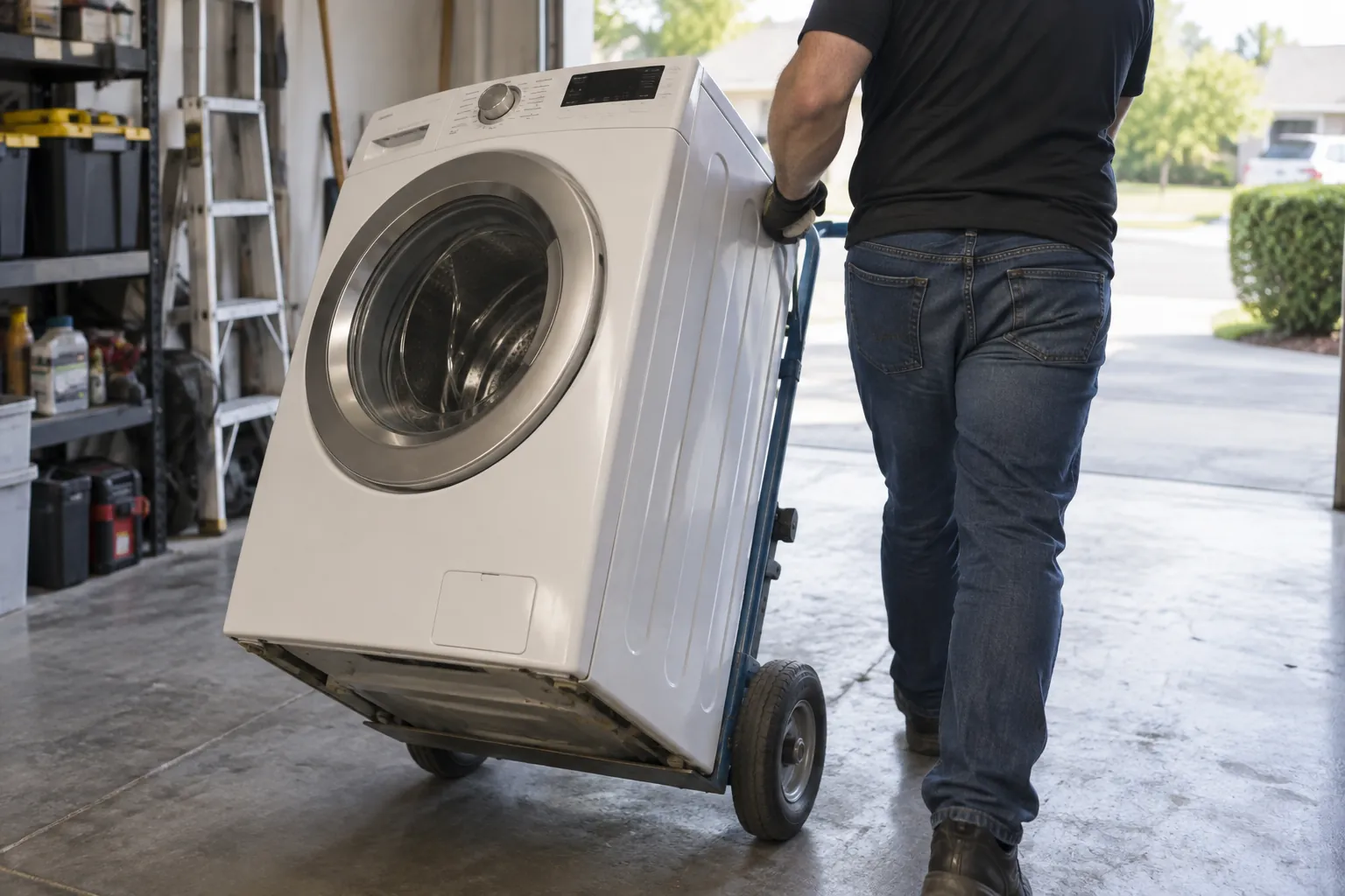 Garage appliance removal preparation scene